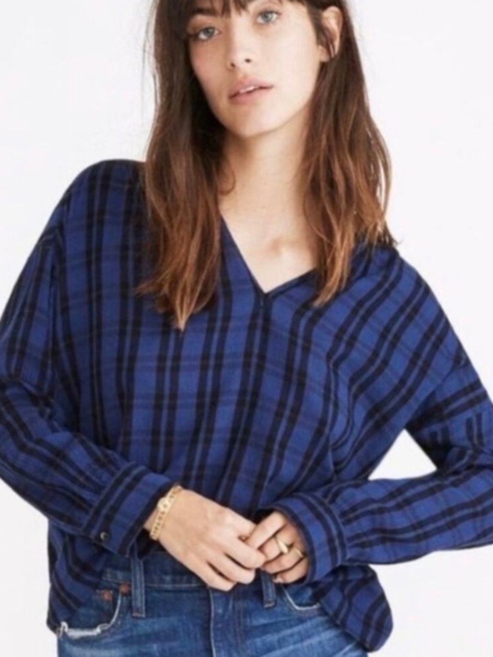 Madewell blue black plaid patterned v-neck notched collar long sleeve flowy top
